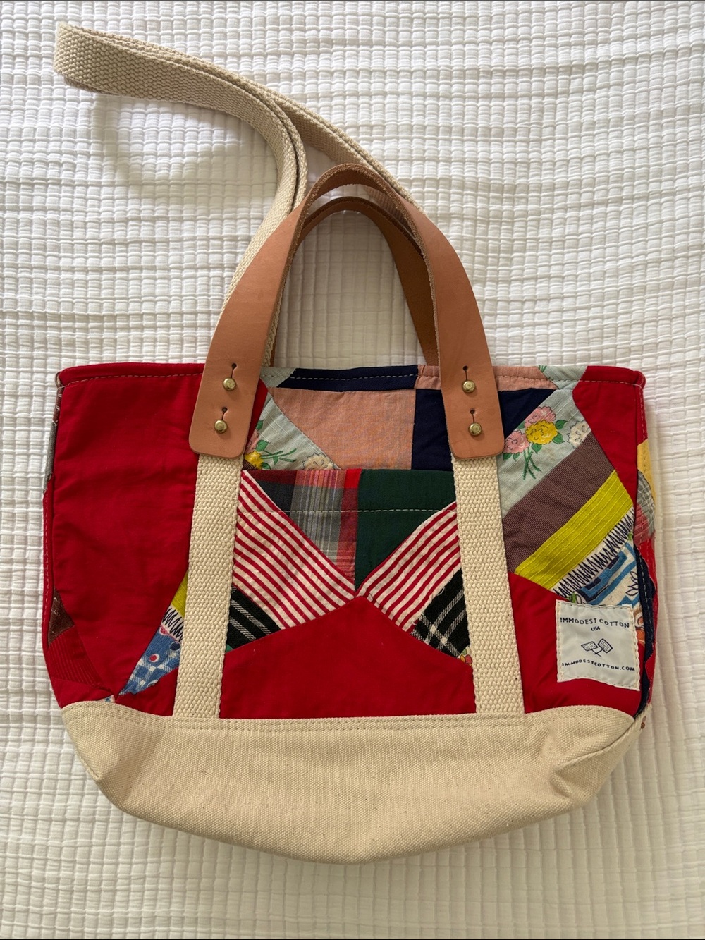 Red Patchwork Canvas Tote with Cream Base and Leather Handles